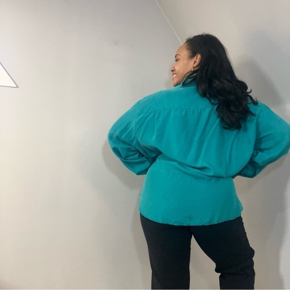 Vintage 100% silk teal green button down blouse 80s retro relaxed fit comfy top - Picture 5 of 11